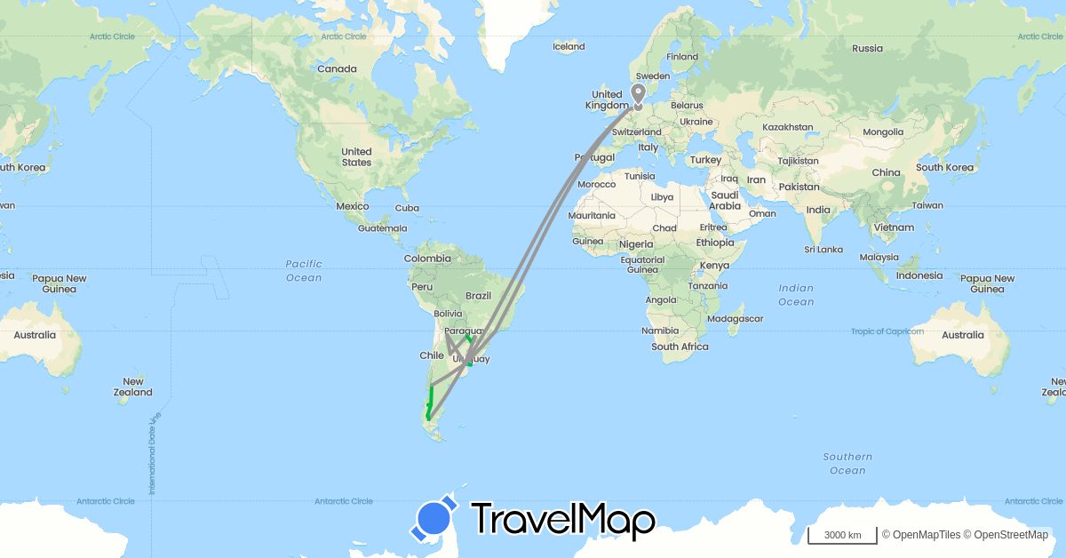 TravelMap itinerary: bus, plane, hiking, boat in Argentina, Brazil, Chile, Germany, Netherlands, Paraguay, Uruguay (Europe, South America)